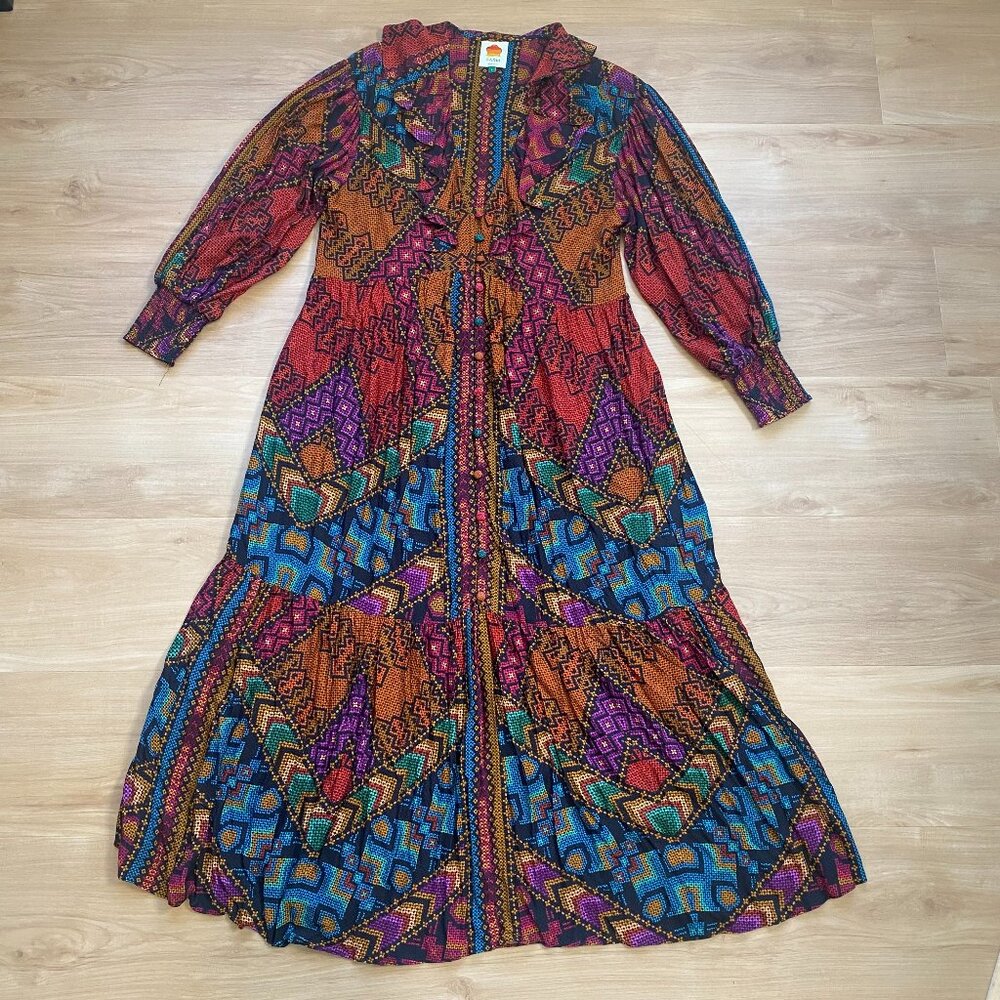 Farm Rio Women's Yawanawa Stripes Ankle Dress Size Large Bohemian Gypsy